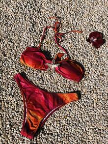 PEPPERMOLLY Conjunto de traje de baño de 3 piezas con estampado vintage para primavera/verano 2026, con falda con volantes, escote profundo de halter y decoración de estrella de metal, bikini retro lujoso y sexy, adecuado para vacaciones en la playa - Multicolor - Ver 11