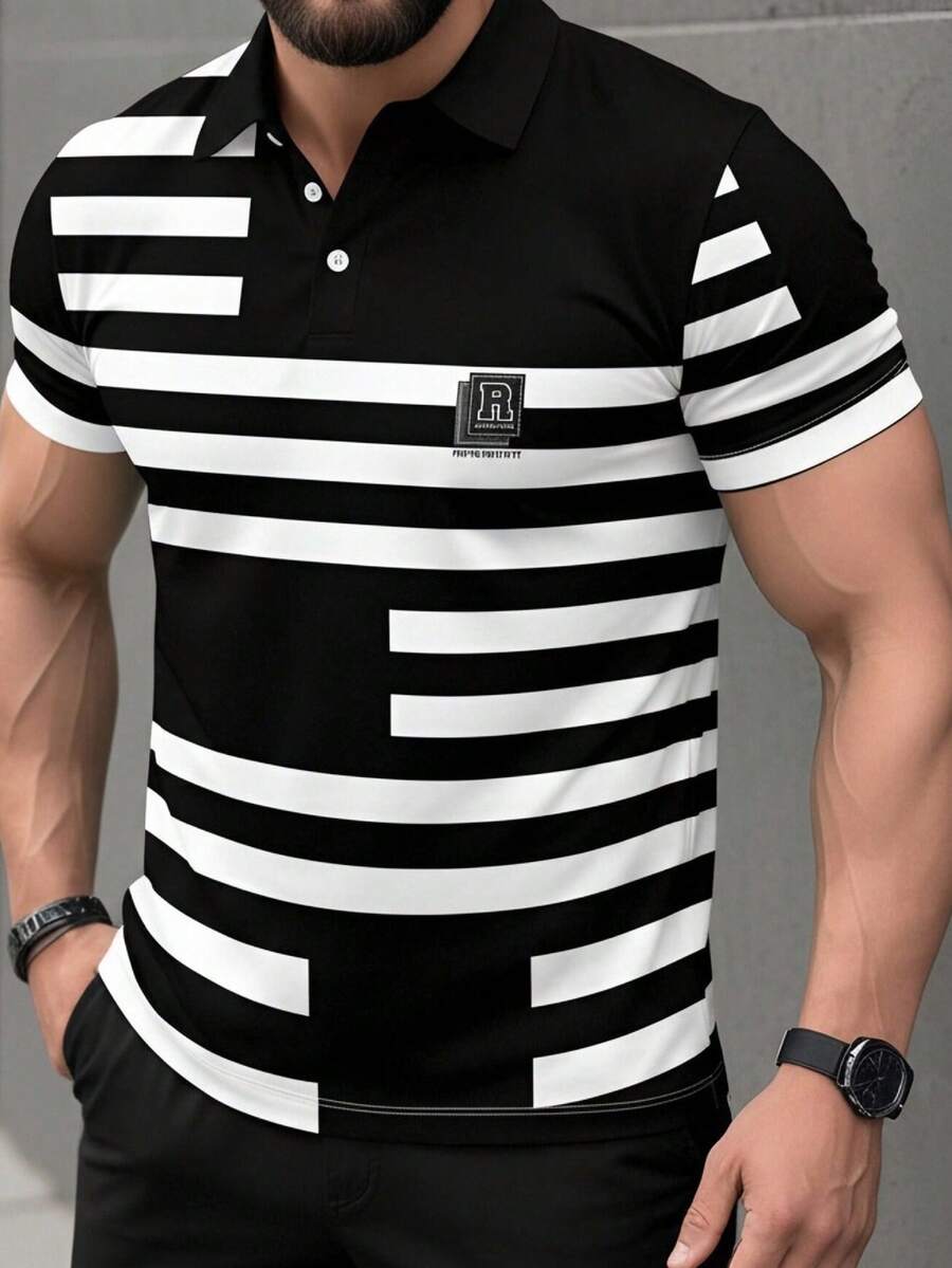 男士休闲字母条纹印花短袖Polo衫 - 彩色 - 查看 1