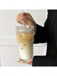 1pc Striped Glass Cup With Straw And Lid - 20.29oz/600ml, Elegant Glass Drinking Cup Suitable For Coffee, Tea, Whiskey, Milk, Iced Americano And Latte - Multicolor - View 8