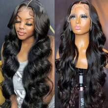 追潮【真人发混纺假发】13X4大面积高清透明蕾丝前长款自然波浪假发，带Bady发丝和预漂白发结，优雅水波纹假发，女士款，13X4蕾丝前高温丝长款自然黑色卷发假发 - 1B# - 查看 6