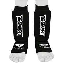 Be Smart - Espinilleras para niños, adultos, jóvenes, hombres y mujeres, Muay Thai MMA Kickboxing, entrenamiento con protector de empeine, equipo de protección de Sparring - Negro --M - Ver 3