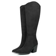 Suede Knee-High Boots Fall Boot For Women Chunky Block High Heel Classic Slouch Fashion Point Toe Side Zipper Tall Boot - màu đen - Xem 4