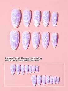 24片杏仁形3D凝胶紫色法式美甲贴纸，包含花瓣、花朵、蝴蝶结、月亮、星星和爱心图案，情人节风格，易于佩戴的亚克力假指甲套装，包含1片果冻凝胶和1个指甲锉，适合女性和女孩日常及各种派对美甲。 - 彩色 - 查看 4