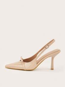 Giày cao gót mũi nhọn bằng da bóng, kiểu dáng tối giản, phù hợp cho công sở, có nơ cài, thích hợp đi làm. - Màu be - Xem 5
