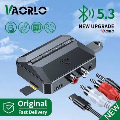 VAORLO NFC蓝牙5.3音频接收器，带RCA、3.5mm AUX和USB接口，无线立体声无损音乐适配器，支持USB/TF卡播放，带麦克风的免提通话功能，适用于车载音响套件、扬声器和功放。