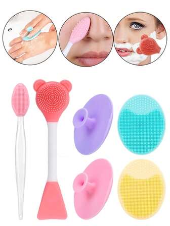 6/4/2 piezas Cepillo exfoliante facial, cepillo limpiador facial de silicona súper suave y cepillo de masaje facial de limpieza, set de cepillos faciales multifuncionales de doble cabezal de silicona para el cuidado de la piel y el masaje, cepillo exfoliante manual de silicona para eliminar residuos de maquillaje y puntos negros