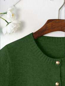 女士通勤开衫，优雅垂褶开襟衫 - 女士短袖纯色单排扣针织开衫，百搭款式，轻盈休闲，适合春夏空调房穿着 - 綠色 - 查看 3