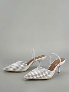 Pointed Toe Mesh & Pearl Ankle Strap High Heel Shoes, Suitable For Party, Banquet, Office - White - View 3