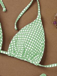 女士绿白格纹挂脖系带比基尼，清新夏日度假两件套泳衣套装，2026春夏款 - 彩色 - 查看 4