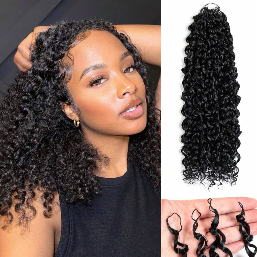 Tóc giả móc sợi xoăn xù cao cấp làm từ lụa protein, dài 18 inch, 50g, kiểu Afro, không thắt nút, đã được tách sẵn, dạng lông vũ, tóc nối móc sợi vô hình, 30 sợi. - màu đen - Xem 1