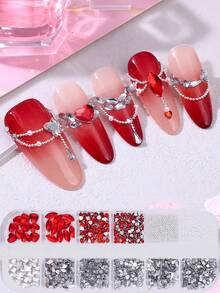 12格红白美甲水钻情人节主题美甲饰品套装，包含心形、蝴蝶、星星等款式，平底闪亮玻璃美甲贴片，配银色钢珠，DIY配件，节日美甲沙龙用品，美甲宝石 - 彩色 - 查看 3