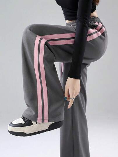 Pantalon droit ample rayé JUTU, blocs de couleurs gris cendré et rose, coupe ample drapée, style de rue vintage pour femmes, printemps/automne