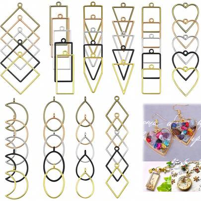 10 khuôn đúc mặt dây chuyền hình học rỗng bằng hợp kim vàng/bạc/xanh cổ/vàng KC/đen, nhựa epoxy, vật liệu làm mặt dây chuyền trang sức hình học DIY.