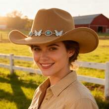 Sombreros de vaquera para mujer, estilo fedora jazz de ala ancha enrollada estilo western con cinturón decorativo de mariposa turquesa. - Caqui - Ver 4