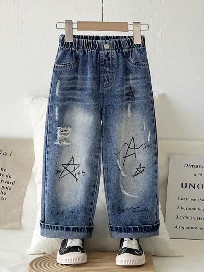 1pc Young BoyCasual Vintage Versatile Star Graffiti Print Distressed Fashion Design Wide Leg Jeans, Spring/Summer/Autumn