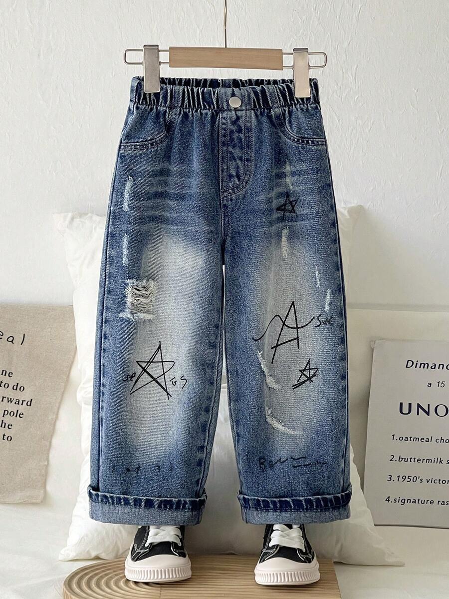 1pc Young BoyCasual Vintage Versatile Star Graffiti Print Distressed Fashion Design Wide Leg Jeans, Spring/Summer/Autumn