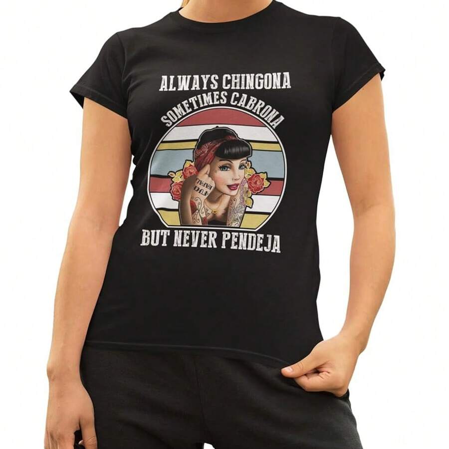 Playera Siempre Chingona Nunca Pendeja Fiestas Patrias Mexico Feminista Camisetas Cuello Redondo Negra Mujer Algon suave - Negro - Ver 1