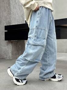 青少年男童工装口袋阔腿宽松休闲牛仔裤 - 淺藍色 - 查看 2