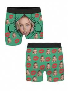 Personalized Photo Boxer Briefs For Men - Custom Face/Name/Photo Underwear Suitable For Valentine's Gifts, Anniversary, Or Daily Wear - Unique Matching Boxer Shorts With Your Own Picture Or Lip Print (Comfortable Stretch Fit) - 綠色 - 查看 2