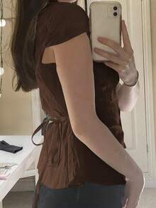 Y2K Collegiate Style Buttoned Collared Casual Cute Pleated Fitted Short Sleeve Brown Shirt, Spring, Girlfriend Aesthetic, Graduation Season, Valentine's Day - Brown - View 7