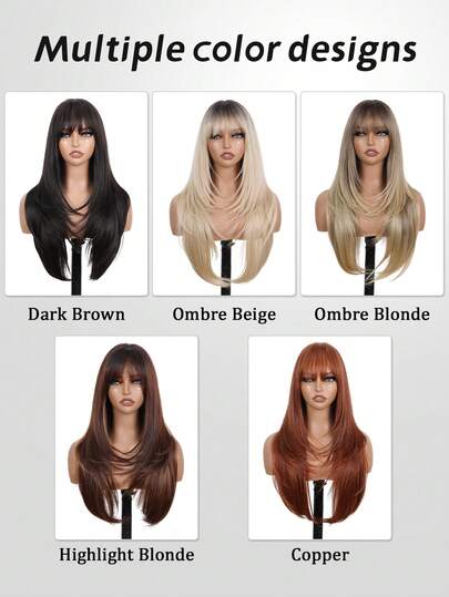 26英寸深棕色假发，带刘海，长款深棕色假发，女士适用，合成耐热发丝，层次感发型，适合日常和派对佩戴。