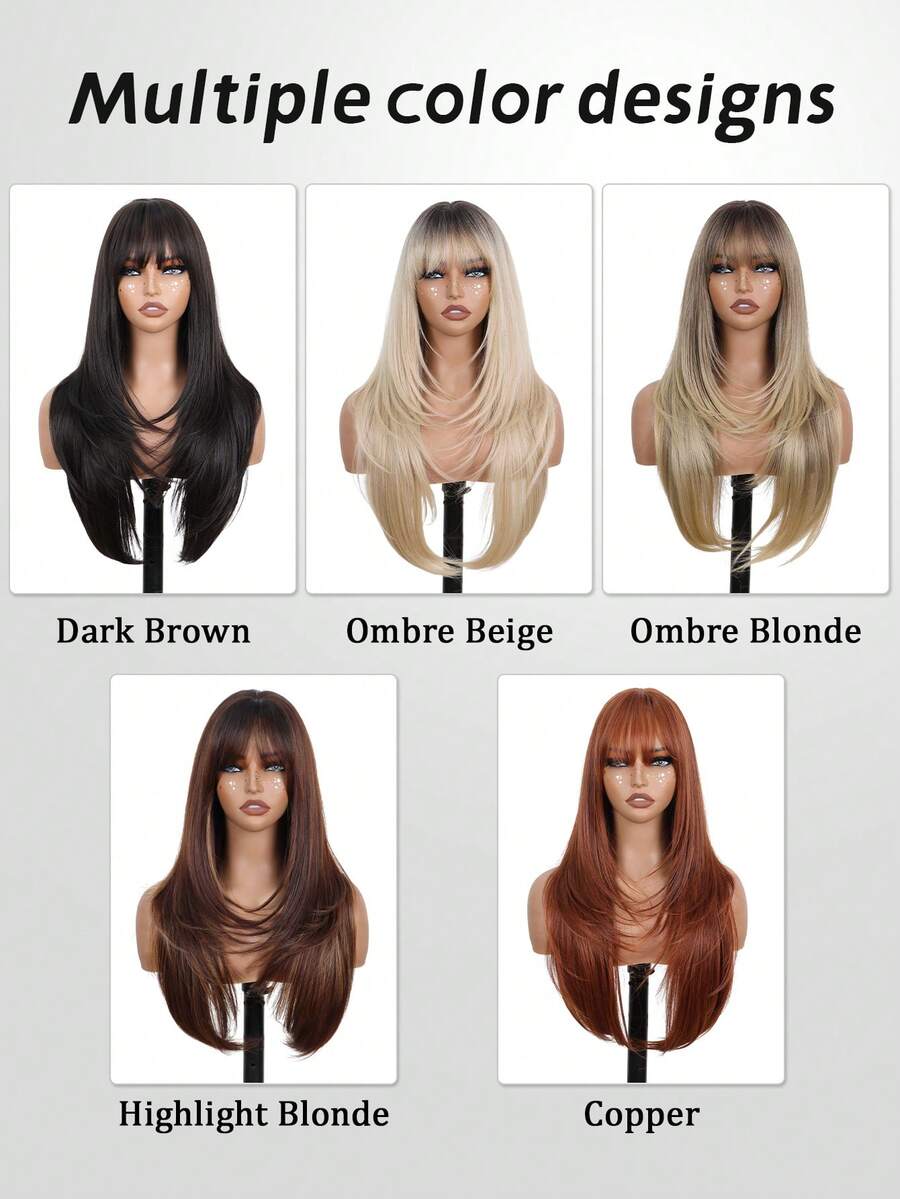 26英寸深棕色刘海假发，长款深棕色耐热合成纤维多层假发，适合日常佩戴和派对场合