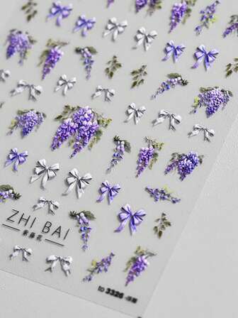 1pc Violet Flower Bow Wisteria Lavender Blooming Petals Romantic 5D Nail Art Stickers Self-Adhesive Press On Manicure For Women Garden Nail Decor For Spring Wedding Party