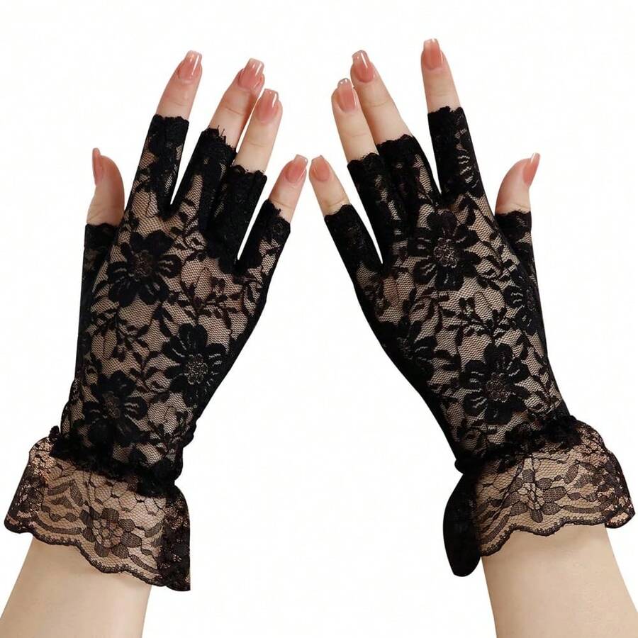 Mrotrida Women's Punk Fingerless Glove Cosplay Ripped Gloves For Halloween Costume Party 1Pair,BlackLace-3 - BlackLace-3 - 查看 1