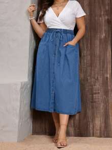 Plus Size High Waisted Snug Casual Blue Slanted Pocket Curved Women's Jeans Dress - 中等水洗藍 - 查看 4