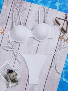优雅女士白色比基尼套装，珍珠细肩带，高弹力纹理面料，露背两件式泳衣，打造时尚夏日海滩造型 - 白色 - 查看 2