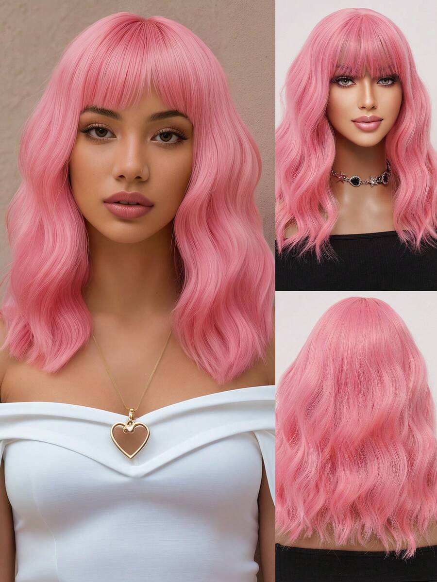 XOUJE Tóc giả tổng hợp màu hồng gợn sóng dài ngang vai 16 inch với mái bằng nhẹ nhàng, phù hợp cho nữ, mềm mại và bồng bềnh, thời trang cho sử dụng hàng ngày, hoàn hảo cho các buổi hẹn hò, kỳ nghỉ, chụp ảnh, cosplay, tiệc tùng sang trọng, lễ hội âm nhạc và các buổi gặp gỡ thường ngày. Tóc giả chịu nhiệt. - Hồng - Xem 1