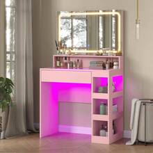 CollaredEagle Vanity Desk With Illuminated Mirror & Power Outlet, Bedroom Dresser LED Mirror Stepless Dimmable & 3 Color Modes Adjustable, LED Tempered Glass Top, Large-Capacity Storage Shelving - 粉色 - 查看 9