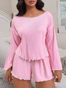 Bộ đồ ngủ 2 món màu trơn mới, thoải mái, cổ tròn, tay dài, áo viền ren, quần short cạp chun, chất liệu mềm mại, thoải mái dành cho nữ. - Hồng - Xem 5