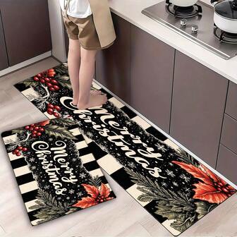Christmas Kitchen Mat - Black & White Striped With Red Poinsettias, Green Holly Leaves, Red Berries, And 'Merry Christmas' Script - Festive Non-Slip Floor Rug For Kitchen Decor, White Cabinet
