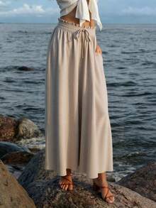 Quần ống rộng Bohemian vải lanh trơn màu cho nữ có dây buộc ở eo, thích hợp cho các buổi đi chơi thường ngày, kỳ nghỉ hè ở bãi biển, đi làm và hẹn hò - Màu Khaki - Xem 10
