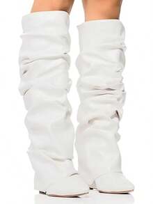 Women's Slouched Ruched Fold Over Boots - Patent Leather Covered Wedge Heel Wide Calf Pointed Toe Knee High Casual Boots - White - View 5