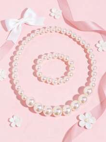 2 pezzi Set di gioielli per ragazze con collana e braccialetto eleganti con perle finte, adatto per uso quotidiano, San Valentino, raduni, regali per feste - Multicolore - Visualizzare 3