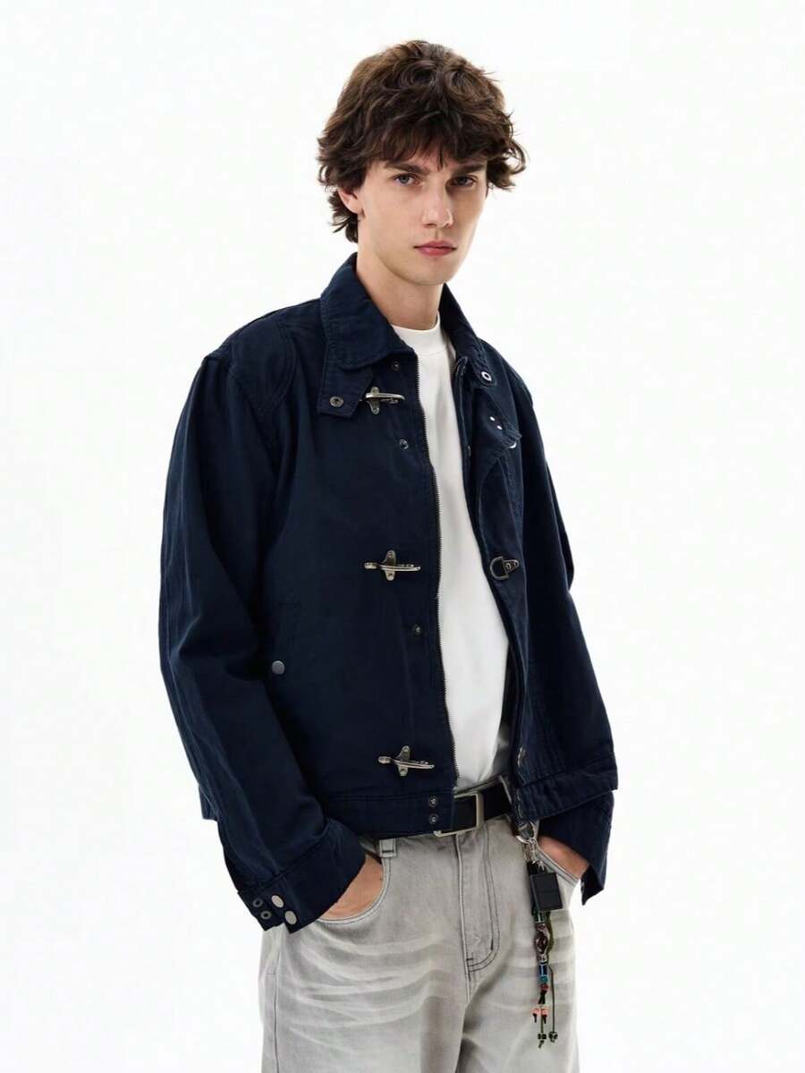 Metal Buckle Airplane Button Jacket Hook Buckle Rivet Buckle Decorative Buckle Jacket Men's Autumn Casual Jacket - Màu xanh lam - Xem 1