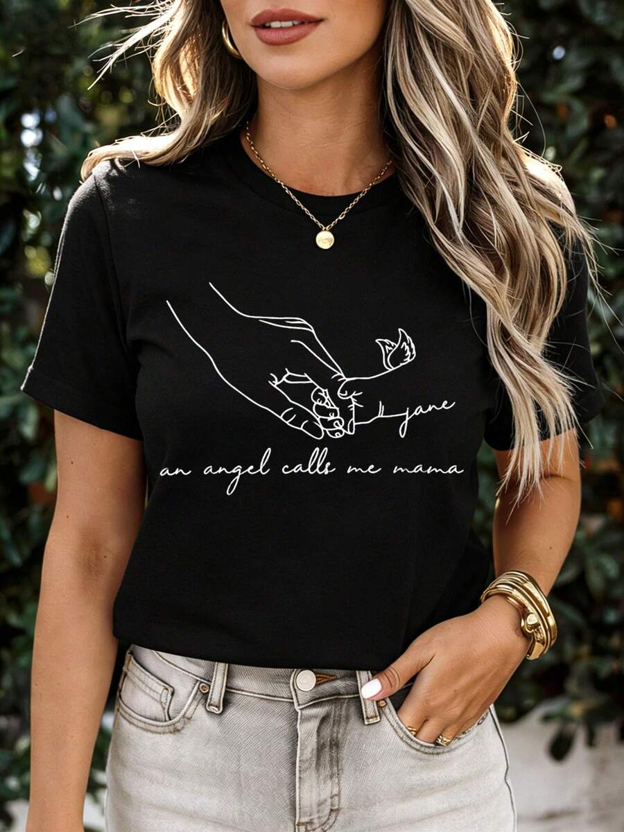 Black T Shirt With Angel Hand And Text An Angel Calls Me Mama For Motherhood And Maternity Wear - 黑色 - 查看 1