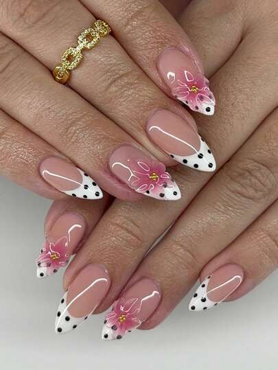 24PCS Short Almond False Nail White French Black Polka Dot Pink Flower Pointed Nail Art Cute Chrome Alloy Acrylic Press On Nail Gel Nail Art Nail Supplies Nail Art Nail Set (Attached: A Piece Of Jelly Gel And File) Suitable For Women's Daily Dating Party Nails