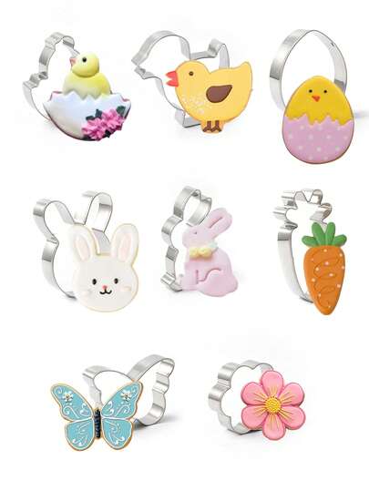 8件套不锈钢复活节饼干模具，包含胡萝卜、鸡蛋、兔子造型的金属饼干模具，节日主题烘焙套装，复活节礼物兔子饼干模具，不锈钢彩色鸡蛋和小鸡造型饼干压模，亲子DIY烘焙工具，节日主题耐用套装，完整的复活节造型饼干模具，不锈钢可爱兔子和鸡蛋模具，亲子DIY节日主题烘焙套装