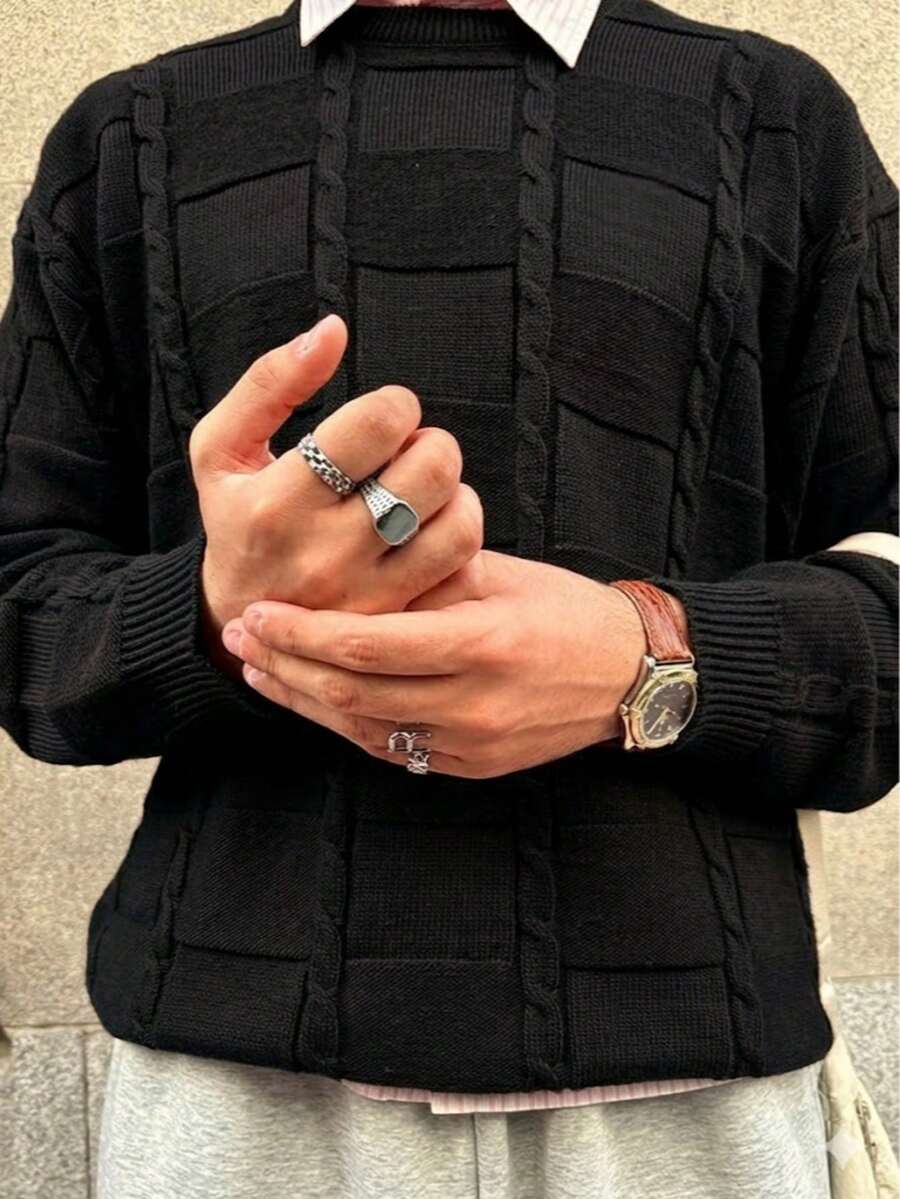 Áo len nam Andreilee kiểu dáng rộng rãi, thoải mái, phong cách retro Mỹ, họa tiết kẻ caro xoắn dây, thích hợp cho mùa thu và mùa đông. - màu đen - Xem 1