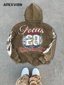 男士休闲连帽衫，赛车创意印花，高品质棉质抓绒卫衣，适合秋冬季穿着。 - 咖啡棕 - 查看 2