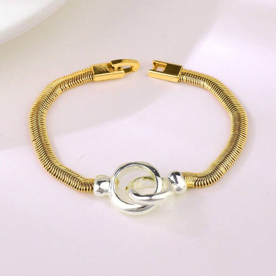 Pulsera simple de mujer de oro rosa con doble círculo geométrico de verano, resistente a la separación de colores, empaque independiente, hebilla de doble torno - Oro rosa - Ver 1