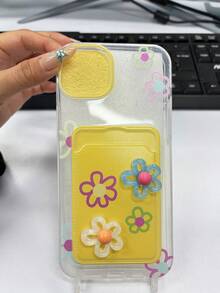 3D花卉挂绳卡夹手机壳适用于 16 Pro Max/ 15 Pro Max、新款 11、 12，创意柔软保护套适用于 14 Pro/13，适合女性防水防震防摔防刮 - 黃色 - 查看 4