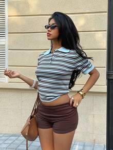2026 Spring/Summer New Women's Light Blue And Cocoa Brown Striped Turtleneck Short Sleeve Knit Sweater, Classic Stripe Combination, Retro Collegiate Style - Multicolor - View 7