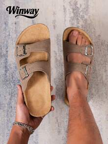 Men's Fashion Double Buckle Casual Anti-Slip Slippers, Suitable For Indoor And Outdoor Walking Open-Toe Slides