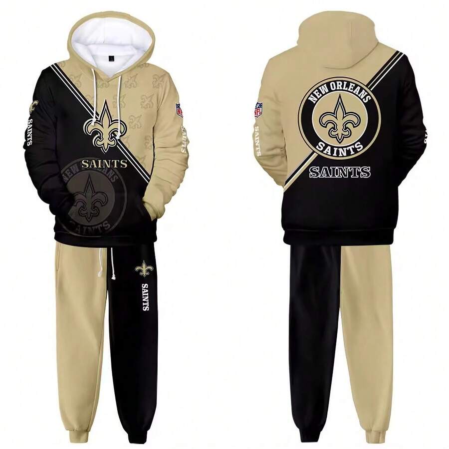 New-Orleans-Saints Men'S Stylish 3D Lion Print 2pcs Athletic Wear Set - Long Sleeve Hoodie & Joggers, Casual Outdoor & Gym Wear For Spring/Fall, Football Team Pattern Design, Comfortable & Breathable Fabric, Perfect For Comfortable Fit - 彩色 - 查看 1