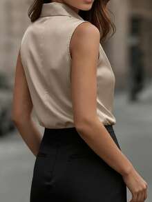 Nouveau top/débardeur ample et décontracté pour femmes en tissu satin brillant de couleur champagne unie, avec col drapé et sans manches, convient pour le printemps/été, le bureau, les sorties décontractées, les trajets quotidiens, exclusif pour les vacances, les soirées, les rendez-vous - Champagne - Voir 2