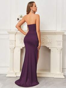 Women's Strapless Ruched High Slit Satin Mermaid Dress With Boned Bodice, Perfect For Wedding Guest, Homecoming, Graduation, Formal Gala, Cocktail Party Spring - Purple - View 2